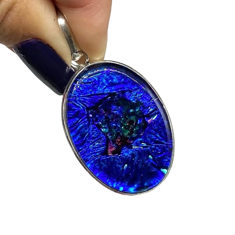 Handmade Blue Dichroic Glass Oval Pendant Necklace Sterling Silver